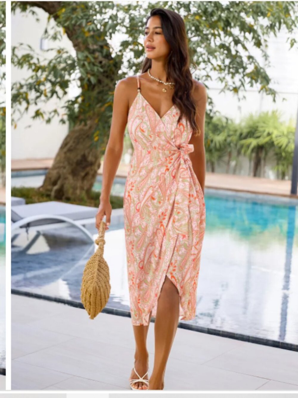 Cupshe Paisley Faux Wrap Spaghetti Strap Dress - Pink & Orange Sz XL NWT